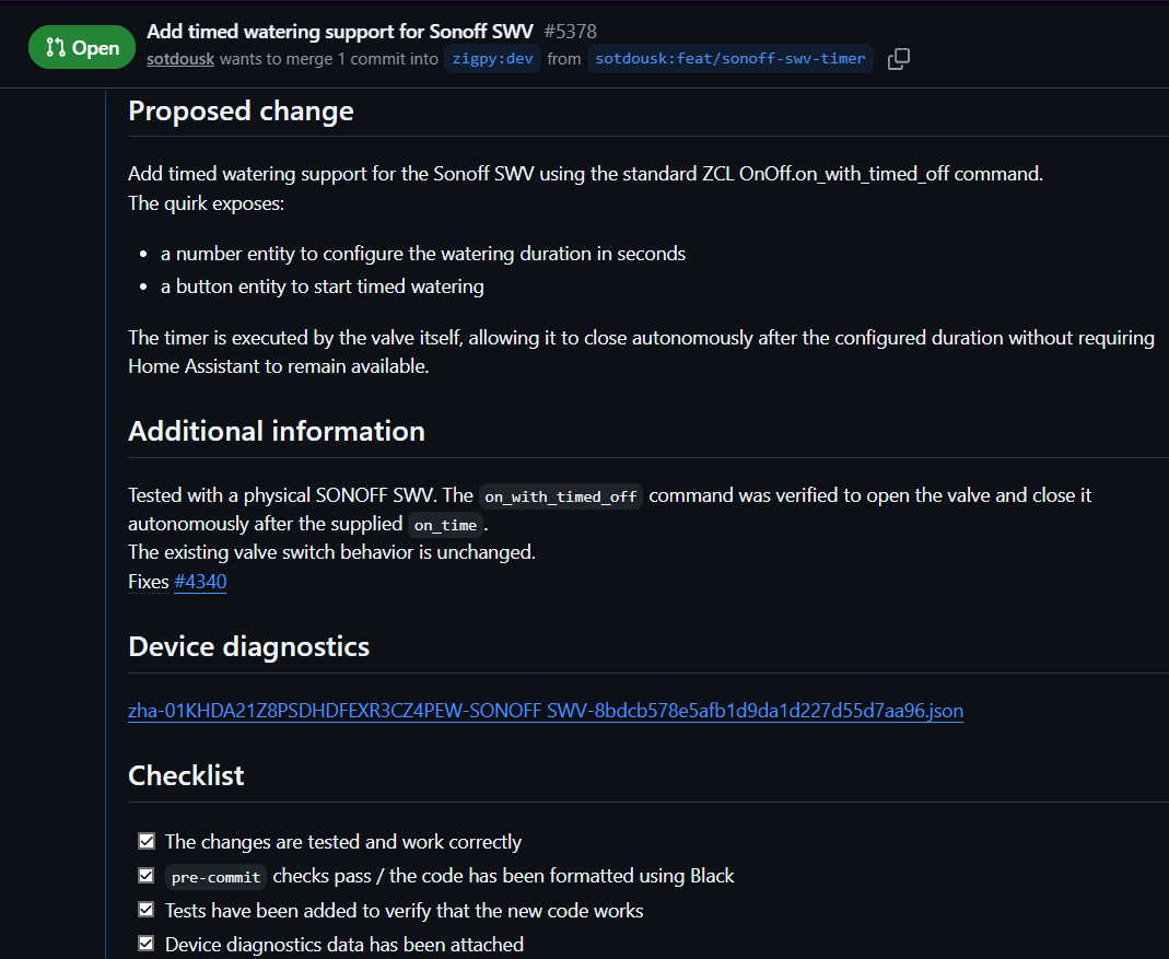 GitHub pull request adding timed watering support for the SONOFF SWV